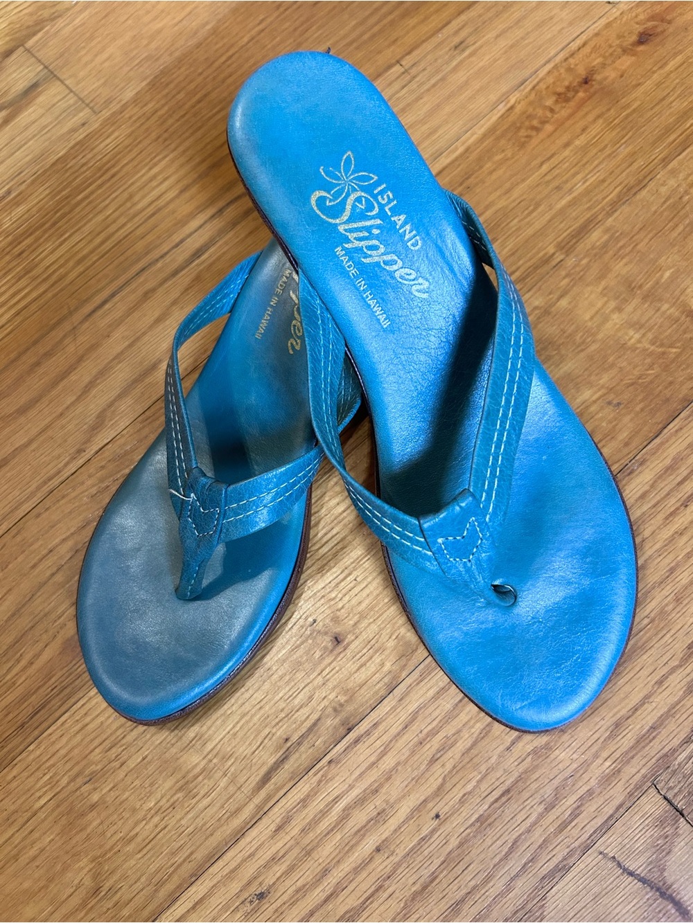 Island Slipper Leather Thong Wedge Heel Sandal Handcrafted in Hawaii Sz 8 Teal
